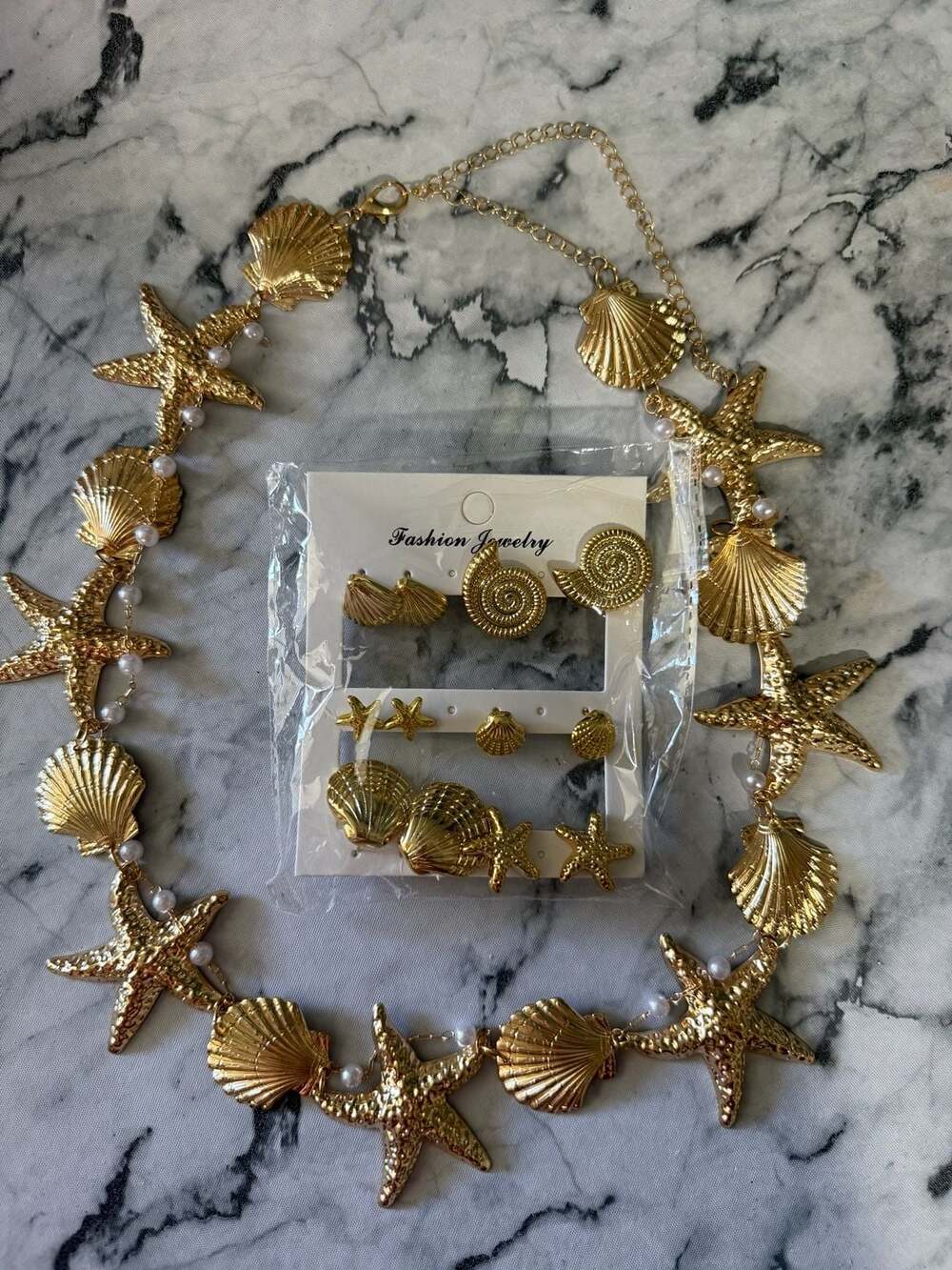 Gold-Tone Starfish and Seashell Statement Necklace and Earring Set